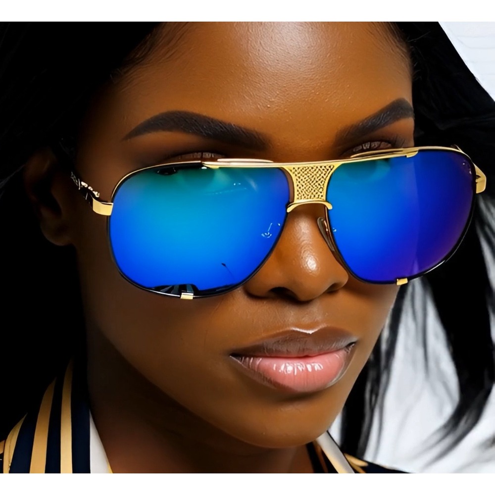Sunglasses Blue‎ Lens Gold Accents Fashion Pilot Sun Glasses Women Street Wear